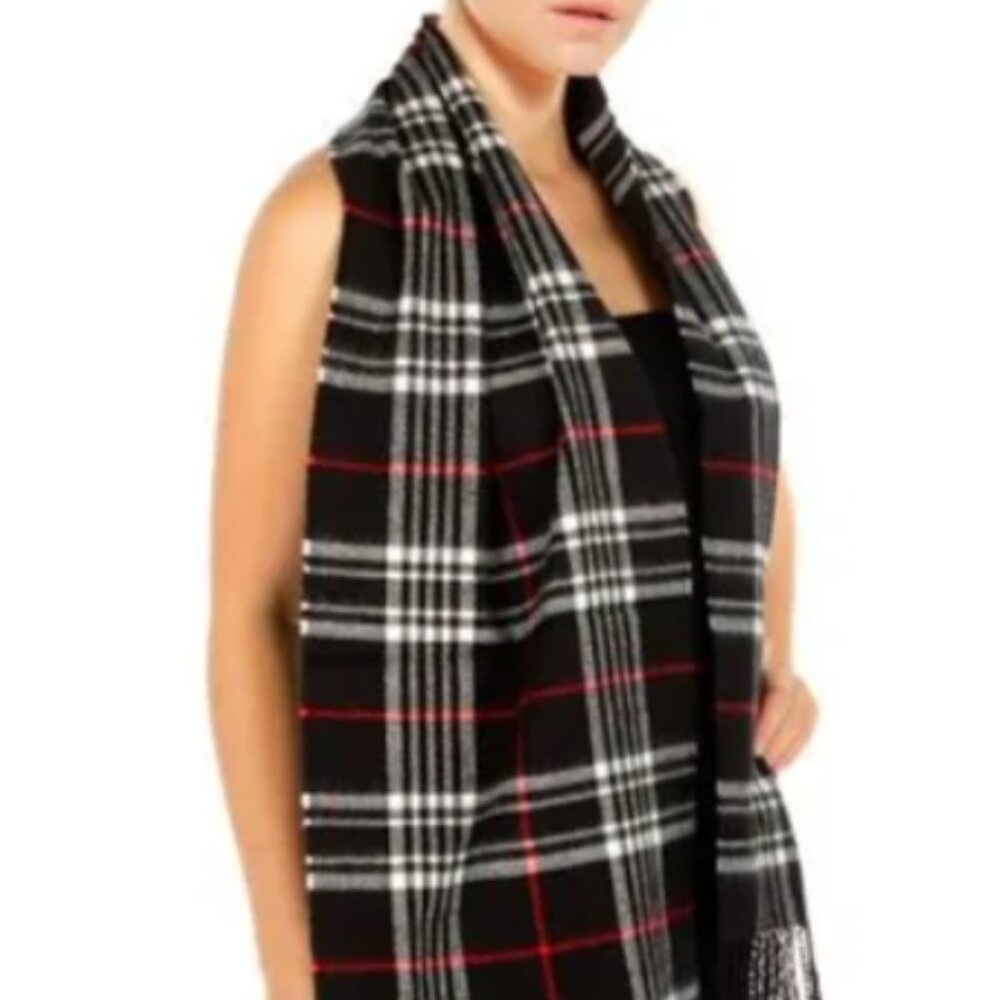 Black Red Plaid Cashmere Feel Scarf with Tassel